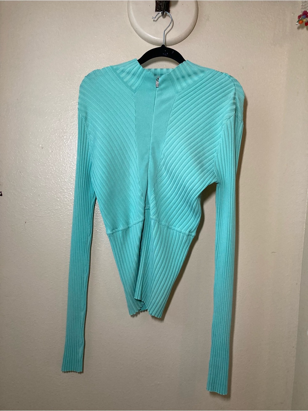 Cache Silk Turquoise Ribbed Zip-Front Ruffle Collar Blouse Rhinestone Zipper - Picture 2 of 11